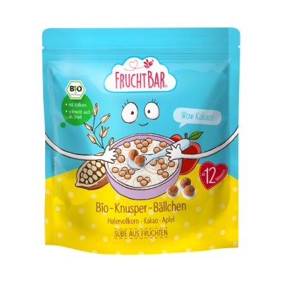 FruchtBar BIO Cereálie kakaové kuličky s hroznovým vínem, jablkem a ovsem 125 g
