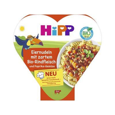 HIPP BIO příkrm Vaječné nudle se zeleninou a paprikou a jemným hovězím masem 250 g
