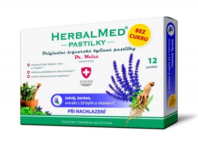 Dr. Weiss HerbalMed Šalvěj + ženšen + vitamin C BEZ CUKRU 12 pastilek
