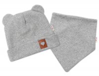 Žebrovaná dvouvrstvá čepice s oušky + šátek, šedý melír, 56/62