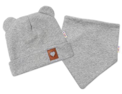 Žebrovaná dvouvrstvá čepice s oušky + šátek, šedý melír, 56/62