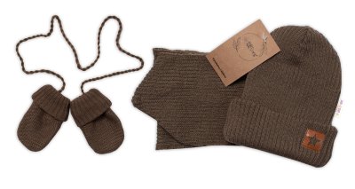 Baby Nellys Pletená čepice s šálou a rukavičky 3v1, STAR,hnědá