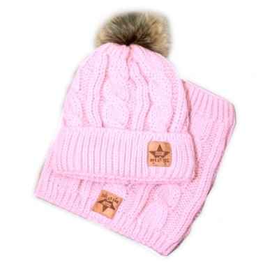 Zimní pletená čepice s bambulí + komínek,sv.růžová,vel. 104/116