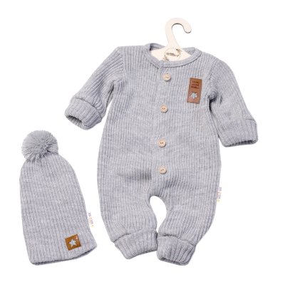 2D Pletený overálek STAR + čepice Hand Made, šeda, vel. 80/86