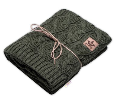 Bambusová dětská pletená deka, pletený cop, 80x100 cm, khaki