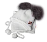 Zimní čepice s fleecem + bambulky Star, komínek - bílá, 98/104