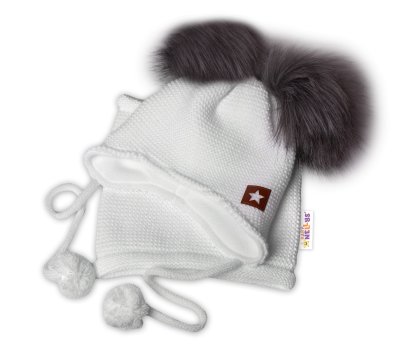 Zimní čepice s fleecem + bambulky Star, komínek - bílá, 98/104