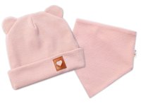 Žebrovaná dvouvrstvá čepice s oušky + šátek, pudrová,68/74