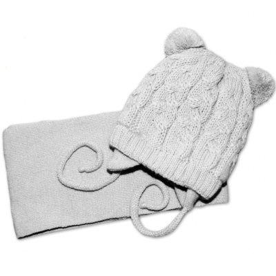 Zimní kojenecká čepička s šálou 2D. TEDDY - šedá s bambulkami