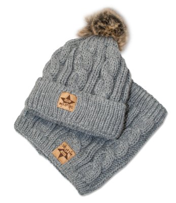 Zimní pletená čepice s bambulí + komínek, šedá, vel. 104/116