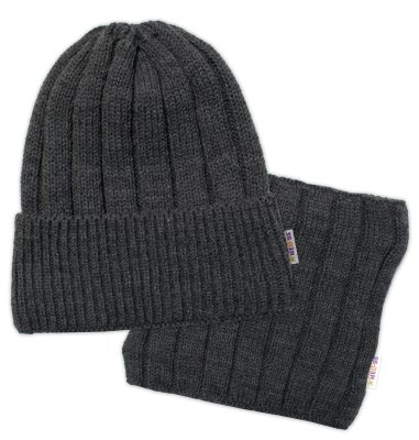 Dětská zimní nadčasová čepice + komínek , tm. šedá