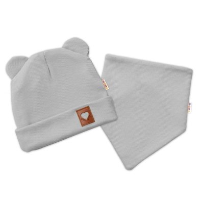 Žebrovaná dvouvrstvá čepice s oušky + šátek, šedá, 80/86
