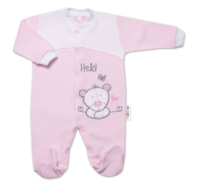 Baby Nellys Kojenecký overal froté, Medvídek Hello, růžový vel.  74