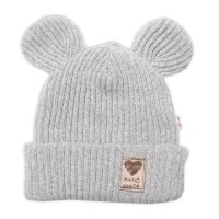 Baby Nellys Pletená bavlněná čepice s oušky, dvouvrstvá, Hand Made  šedá vel.  68/74