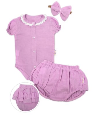 Baby Nellys 3D mušelínová sada, body, kraťasky + čelenka GIRL, lila