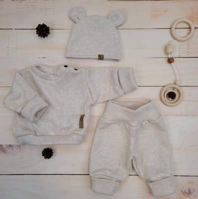 Kazum Pletená kojenecká sada 3D, svetřík, tepláčky + čepička, písková vel.  74