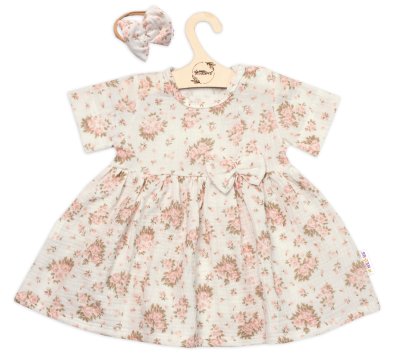 Baby Nellys Mušelínové šatičky + čelenka 2-dílná sada Pivoňky,  smetanové vel.  98