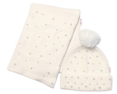 Baby Nellys Zimní čepice s bambulí + šál, Pearls, smetanová vel.  54/58