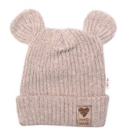 Baby Nellys Pletená bavlněná čepice s oušky, dvouvrstvá, Hand Made  béžová