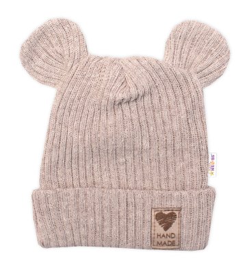 Baby Nellys Pletená bavlněná čepice s oušky, dvouvrstvá, Hand Made  béžová