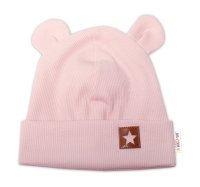 Baby Nellys Žebrovaná dvouvrstvá čepice s oušky TEDDY - pudrová vel.  68/74