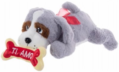 TULIMI Plyšový pejsek s kostičkou, 40cm - šedý