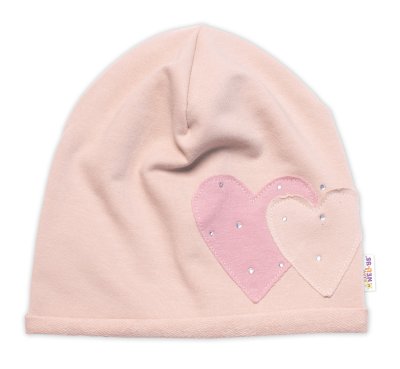 Baby Nellys Dětská čepice bavlna, Srdíčka s kamínky,  béžová vel.  104/134