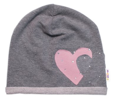 Baby Nellys Dětská čepice bavlna, Srdíčka s kamínky,  šedá vel.  104/134