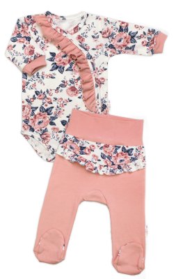 Baby Nellys Bavlněná sada 2D, body + polodupačky Růžičky, pudrově růžová