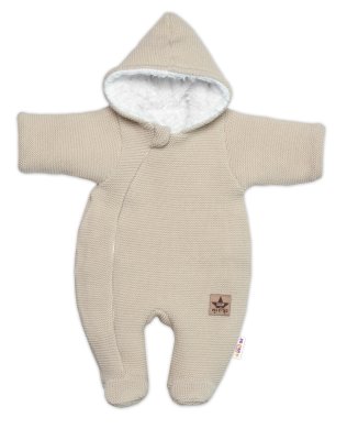 Baby Nellys Zimní pletená kombinézka/overálek s kapucí béžová, capuccino