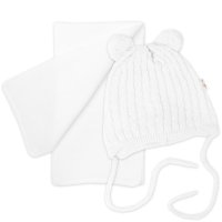 Baby Nellys Zimní čepice na zavazování s bambulky + šál, bílá vel.  74/80