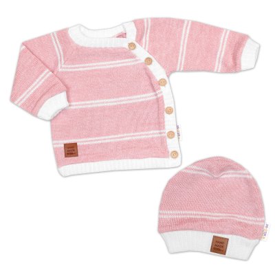 Baby Nellys Pletená sada pro miminko s jemným proužkem 2D, lux - růžová, bílá, vel. 80 vel.  80