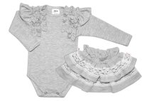 Baby Nellys 2-dílná sada, body dl.rukáv + suknička s krajkou a volánky, šedá