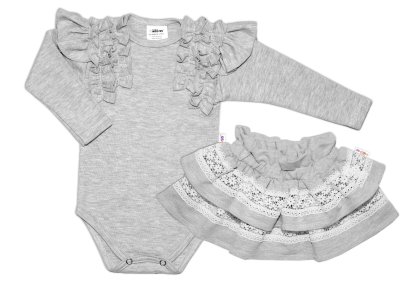 Baby Nellys 2-dílná sada, body dl.rukáv + suknička s krajkou a volánky, šedá