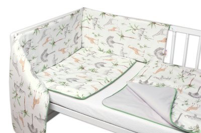 Baby Nellys Mantinel s povlečením, Safari,bílá s potiskem/zelená, 135x100