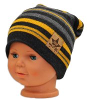 Baby Nellys Podzimní/zimní proužkovaná čepice - grafit/šedá/žlutá
