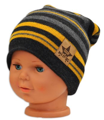 Baby Nellys Podzimní/zimní proužkovaná čepice - grafit/šedá/žlutá