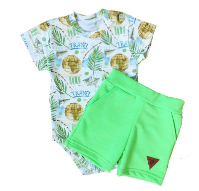 G-baby Body kr. rukáv + kraťásky s kapsami 2D sada, Cestovatel, , zelené