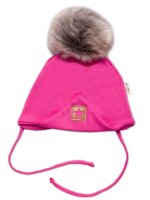 Baby Nellys Zimní,podzimní bavlněná dvouvrstvá čepice s bambulí na zavazování Star, růžová