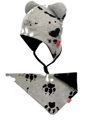Bexa Dvouvrstvá čepice na zavazování s oušky + šátek - Tlapky, šedá, vel. 80/86