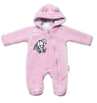 Baby Nellys Chlupáčkový overálek s kapucí, Cute Bunny - světle růžový vel.  68
