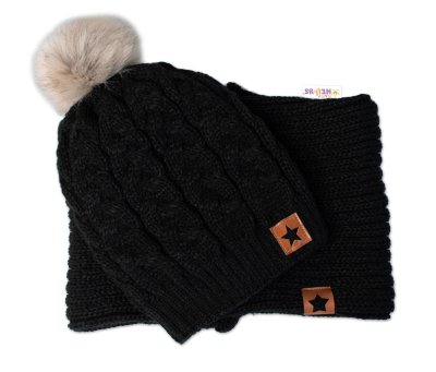 Baby Nellys Zimní dvouvrstvá čepice s bambulí + komínek Star, černá