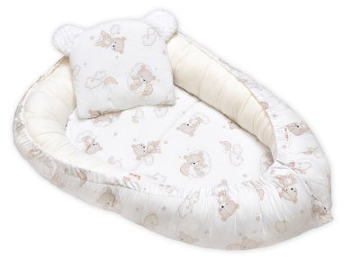 Baby Nellys Oboustranné hnízdečko, podložka + polštářek 3D, Bavlna, Malý medvídek, bílé