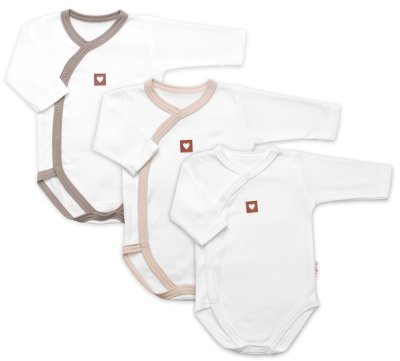 Baby Nellys Rostoucí výhodná sada, 3x Body zap. bokem Nature - béžová/taupe/bílá, vel. 62/68