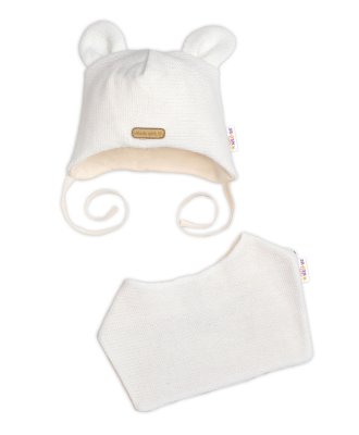 Baby Nellys Pletená čepice s šátkem 2v1, Teddy Hand made - kokosové bílá, 80/86