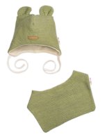 Baby Nellys Pletená čepice s šátkem 2v1, Teddy Hand made - oliva, 80/86