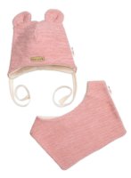 Baby Nellys Pletená čepice s bavlněnou podšívkou a šátkem 2v1, Teddy Hand made - růžová