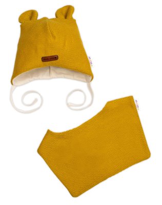 Baby Nellys Pletená čepice s šátkem 2v1, Teddy Hand made - hořčicová, 80/86