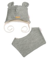 Baby Nellys Pletená čepice s bavlněnou podšívkou a šátkem 2v1, Teddy Hand made - šedá, 80/86