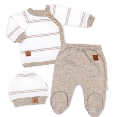 Baby Nellys Pletená sada pro miminko s jemným proužkem 3D, lux - béžová, bílá, vel. 68 vel.  68